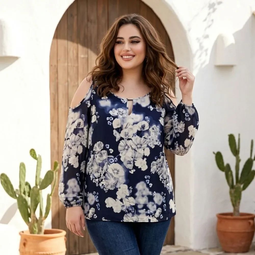 Rose & Olive Navy Floral Blouse Women's 2X Chiffon Cut-Out Long Sleeve Work Top